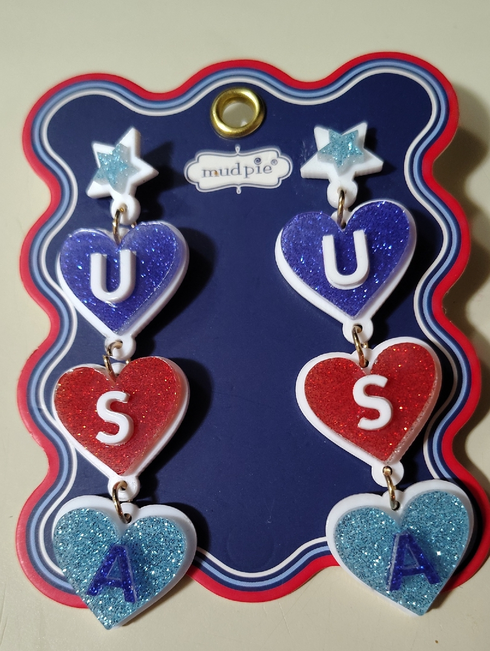 Mud Pie Red, Blue, Light Blue Glitter Heart Drop Earrings